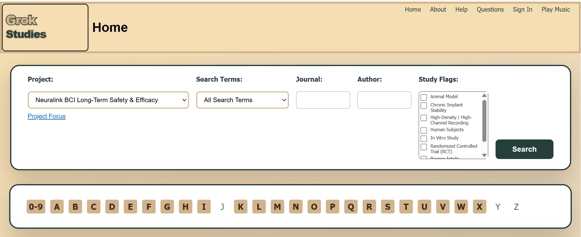 Home page — search filters and project picker
