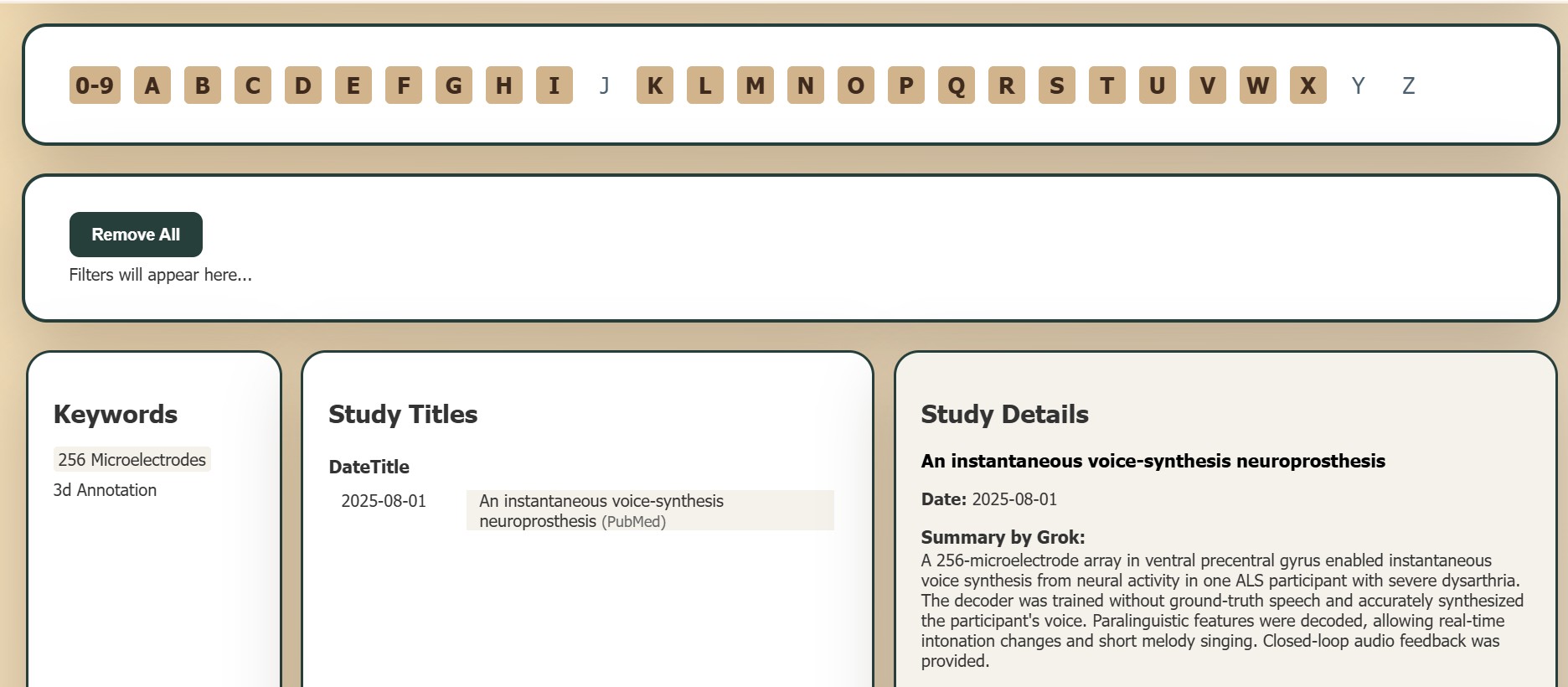 Home page — alphabet bar, filters, and keywords